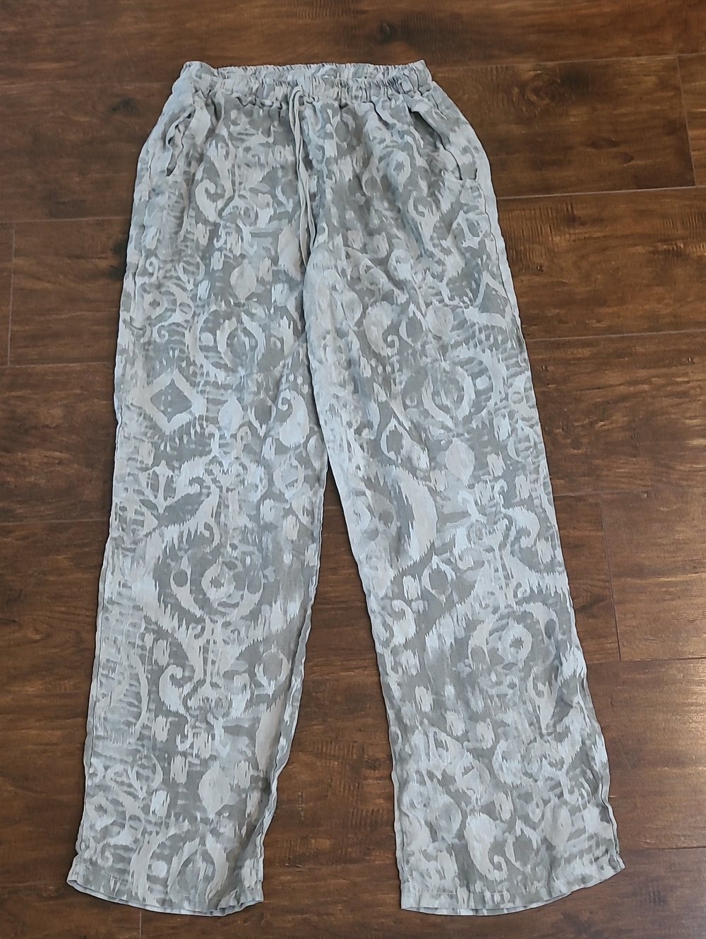 Made In Italy Light Gray Patterned Wide-Leg Women’s Pants 100% Linen S/m